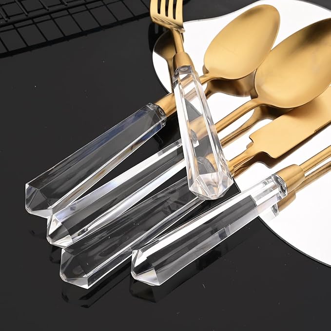 JASHII 5pcs Gold 304 Stainless Steel Flatware Cutlery Set with Transparent Acrylic Handle Diamond Shape, Matte Knife Fork Spoon Set, Dishwasher Safe for Home Wedding Hotel