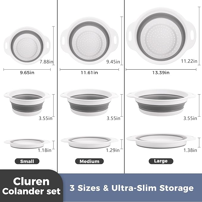 Collapsible Colander Set with Universal Draining Tray | 3-Pack Foldable Kitchen Strainers + Base | Space Saving for Pasta, Veggies, Fruit & Rice | 5 Colors (Gray-White)