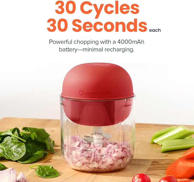 Choppi Cordless Electric Vegetable Chopper & Mini Food Processor for Dicing, Shredding, Mincing, and Puree, Portable and Rechargeable, 2-Cup, 500 mL, 4000 mAh Battery, Cherry Red