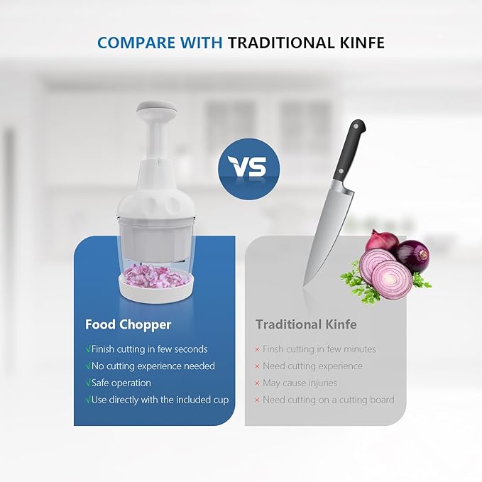 Food Chopper, Handheld Veggie Chopper for Vegetable, Onion, Garlic, Nut, Hand Vegetable Cutter, Dishwasher-safe, Stainless Steel Blade, White.