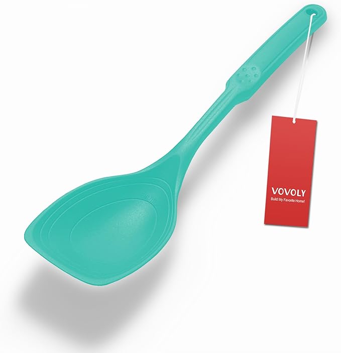 Large Silicone Cooking Spoon, Non-Stick Solid Spoon with Deep Blow and Measurement Mark for Mixing, Serving, Draining, Scooping, Scraping, Heat Resistant Kitchen Utensils, Teal