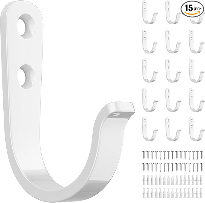 15Pcs Wall Hooks for Bathroom, Kitchen, Closet, and Garage - White Metal Hooks for Hanging Coats, Towels, Hats, Keys, Bags, and Coffee Cups - Holds Up to 40 lbs