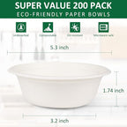 Heavy Duty Paper Bowls - 200 Pack, 12 oz, Eco-Friendly, Made of Natural Bagasse, Ideal for Hot Soup, Cereals, Milk, Salad, Dessert