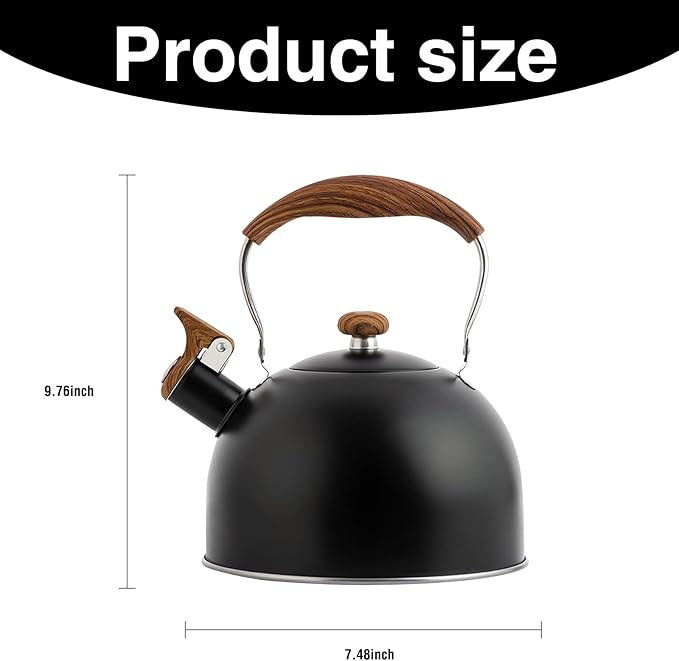Whistling Tea Kettle 2.5L, Stainless Steel Kettle with Wood Pattern Folding Handle, for Tea Coffee (Black)