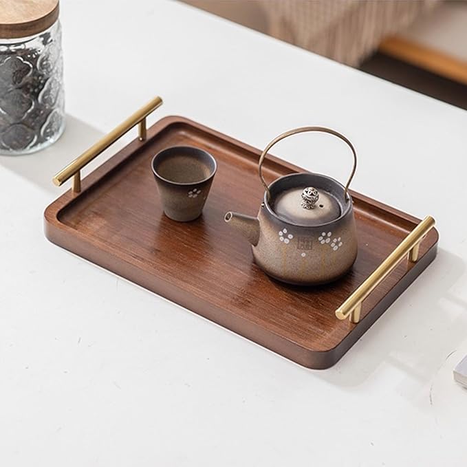 Bamboo Serving Tray with Gold Handles, Food Tray for Breakfast,Coffee Table,Dinner & Bar, Decorative Tray for Kitchen, Bedroom (Small)