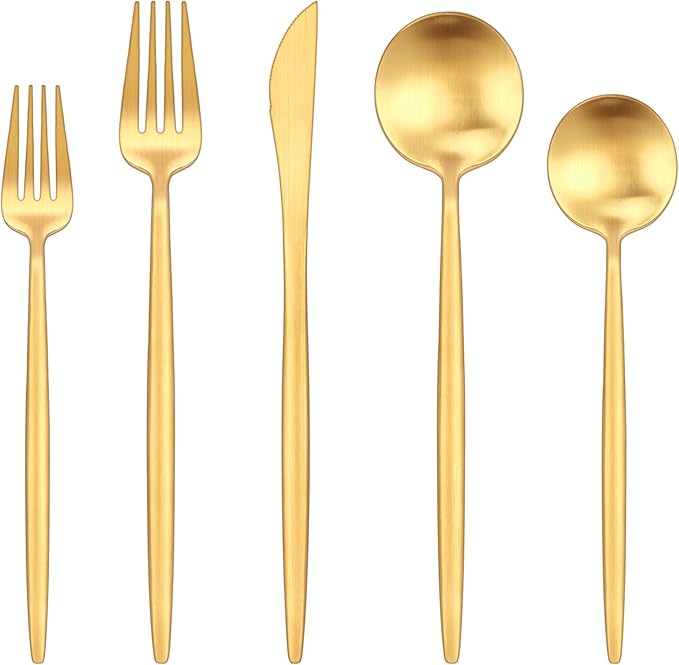 Gold Silverware Set,Ollex 40 Pieces Flatware Set For 8,Matte Utensil set with Stainless Knives Gold Forks and Spoons Tableware Cutlery Set with Satin Finish Dishwasher Safe