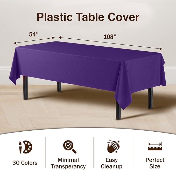 Exquisite Party Solids 12-Pack Premium Plastic Tablecloth 54in. x 108in. Rectangle Table Cover - Purple