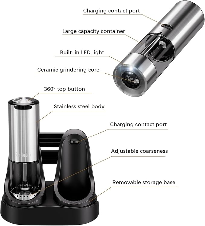 Electric Rechargeable Salt and Pepper Grinder Set,Automatic Pepper Mill Grinder with USB C Charging Dock,Upgraded 95ml Large Capacity,Adjustable Coarseness,LED Light,Stainless Steel
