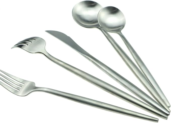 JASHII 18/10 Stainless Steel 5-Piece Matte Silver Flatware Set,Dinner Knife Fork Salad Fork Dessert Spoon, Service for 1, Luxury Silverware Cutlery Utensil Sets