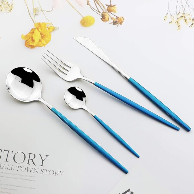 JASHII Flatware Serving Set 24 Piece, Stainless Steel Silverware Set, Blue Silver Cutlery Set, Modern Elegant Tableware Set for Party, Christmas, Dinner (Blue Silver)