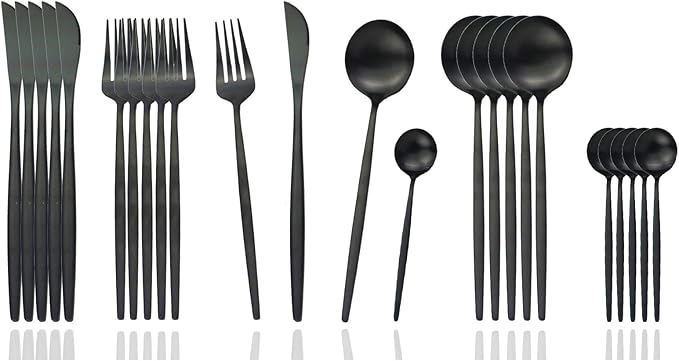JASHII Silverware Set, 24-Piece Stainless Steel Flatware Set,Kitchen Utensil Set Service for 6,Tableware Cutlery Set for Home, Dishwasher Safe (Matte Black)