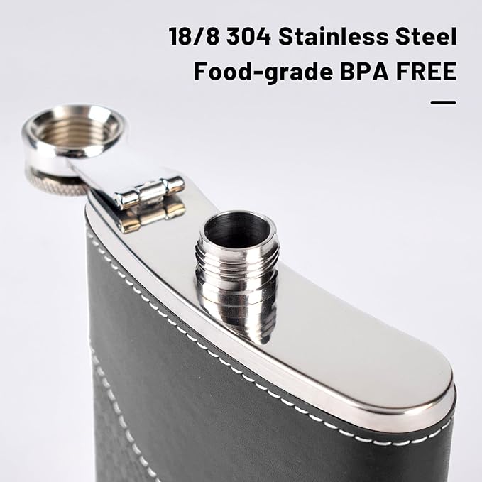 Hip Flasks for Men Leather Hip Flask Gift Set,Hip Flask 304 Stainless Steel Flask Set w/Funnel Shot Glasses Gift for Whiskey Rum Groomsman Best Man Usher Wedding-Leather Stripe Black-8oz