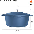 Large Dutch Oven Pot with Lid-7.5QT Cast Aluminum Oven Pot with Two Handles Lightweight for Bread Baking Braising and Roasting(Blue)