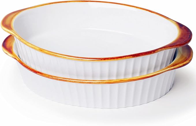 LEETOYI Porcelain Small Oval Au Gratin Pans, Baking Dish Set for 1 or 2 person servings, Bakeware with Double Handle for Kitchen and Home, Set of 2 (White/Brown)