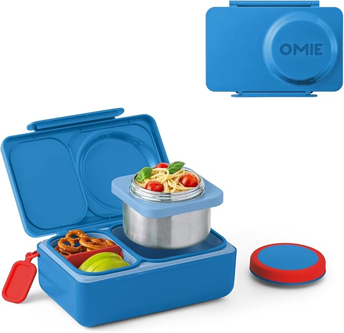 Omie OmieBox UP bento Box for Kids | Insulated Lunch Box | Leak Proof Vacuum Insulated Thermal Food jar | Cooler ice Pack | 2 Compartments (Cosmic Blue)