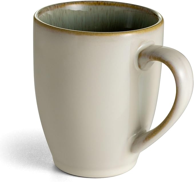 Sango Resona Moss Green Stoneware Mugs (Set of 4) – 12 fl. oz, Durable Stoneware with Reactive Glaze, Delicate Gray-Green Interior, Microwave & Dishwasher Safe, for Everyday Dining & Entertainment