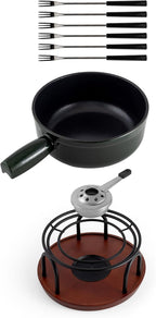 Swissmar Ticino Cast Iron Fondue Set with Enameled Interior, 2L / 2 QT – 9-Piece Cheese & Chocolate Fondue Pot with Forks, Burner & Beechwood Base – Perfect for Family Gatherings & Gift Giving – Green