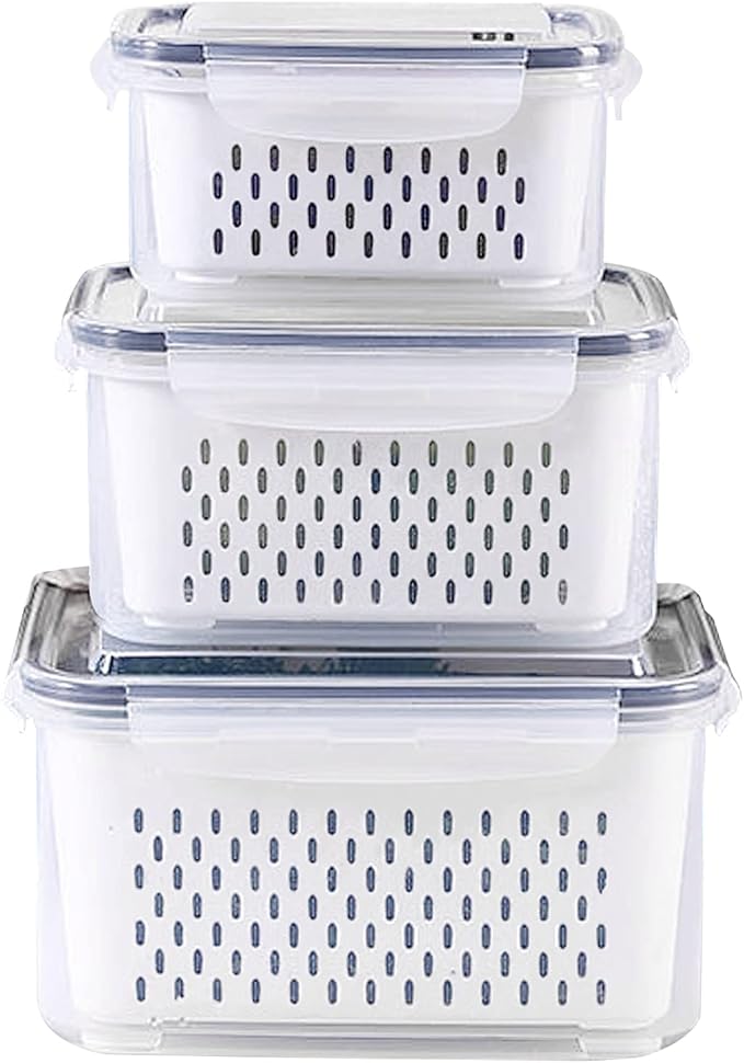 3Pack Fridge Food Storage Container Set with Lids with Strainer,Plastic Fresh Produce Saver Vegetable Fruit Meat Storage Organization, BPA-Free Plastic Produce Keepers(3.15L+1.7L+0.8L)