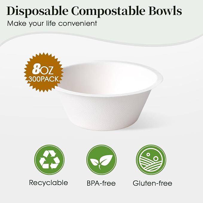 ECOLipak 300 Pack Compostable Paper Bowls, 8 oz Heavy-Duty Disposable Biodegradable Soup Bowls Made of Natural Bagasse, Suitable for Salad, Dessert, Milk, Cereals