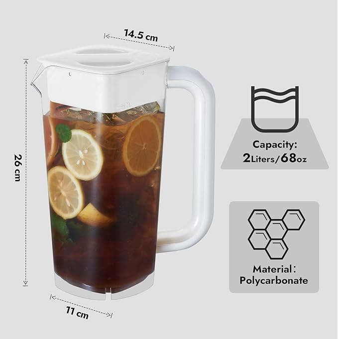CURTA 1 Pack 2 Liters/68 oz Plastic Square Pitcher with Lid & Handle for Kitchen,ICED JUICE and Coffee Carafe Beverage Serveware, Acrylic Water Jug for Hot/Cold Drinks&lemonade