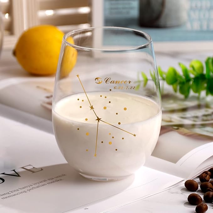 HOHY Cancer Stemless Wine Glass 20 Oz, Cancer Constellation Wine Glass Golden, Zodiac Gifts June Birthday Gifts for Women