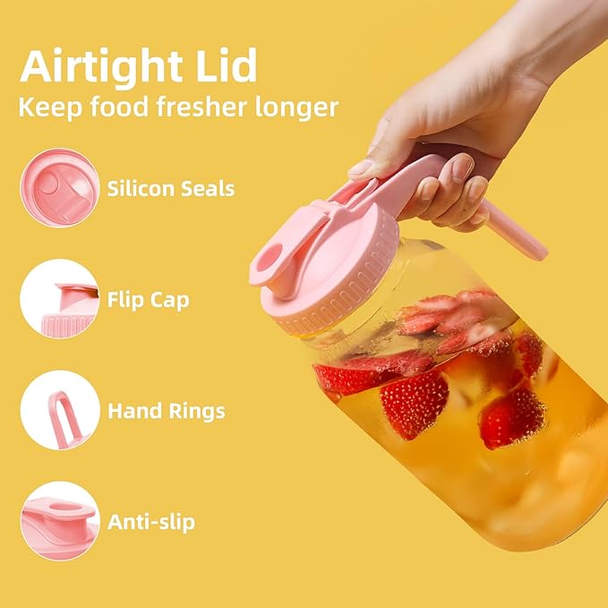 Glass Mason Jar Pitcher - 64 oz/2 Quart Wide Mouth Jug with Lid and Pour Spout, Airtight Seal, Leak Proof Iced Tea Pitcher for Sun Tea, Juice, Breast Milk, Cold Beverages, Coffe