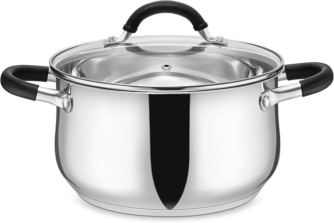 E-far 5Qt Stainless Steel Pot, Stock Pot with Glass Lid for Cooking Pasta Soup Sauce, Tri-Ply Induction Thick Base & Cool-Touch Handles, All Stoves & Dishwasher Safe