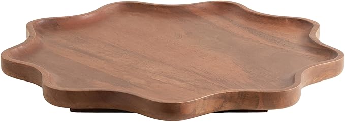 Kate and Laurel Alezar Mango Wood Wavy Round Lazy Susan Tray, 18 Inch Diameter, Walnut Brown, Scalloped Wooden Countertop Organizer with Turning Lazy Susan for Kitchen Storage or Ottoman Tray