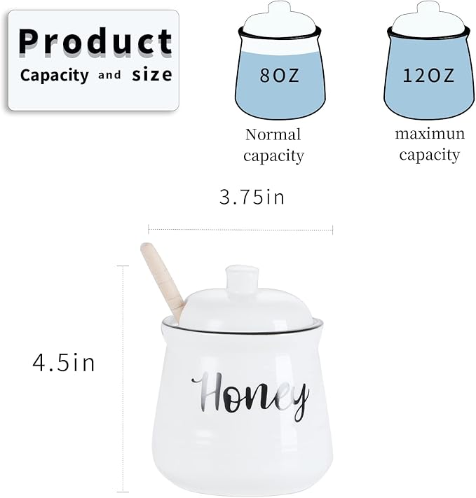 HAOTOP Farmhouse Porcelain Honey Jar with Dipper and Lid Set 12oz,Easy to Clean (White)