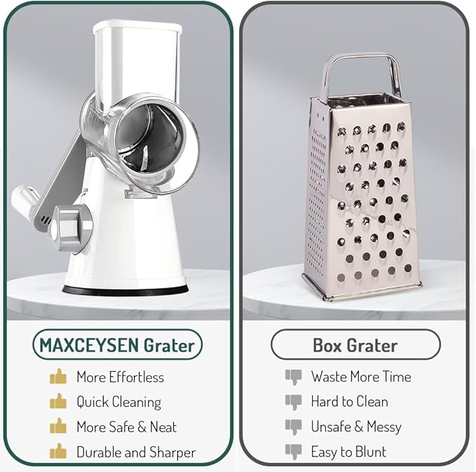 Rotary Cheese Grater with Handle Vegetable Shredder Round Kitchen Slicer Mandoline Grater for Vegetable, Nuts, Chocolate, Chesse, White, 3 Stainless Steel Blades