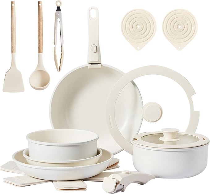 ROVSUN 19 Pcs Nonstick Pots and Pans Set, Cast Aluminum Kitchen Cookware Set with Detachable Handles, RV Kitchen Cooking Set and Utensils, Dishwasher Safe, PFAS PFOA & PFOS Free, Cream White