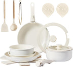 ROVSUN 19 Pcs Nonstick Pots and Pans Set, Cast Aluminum Kitchen Cookware Set with Detachable Handles, RV Kitchen Cooking Set and Utensils, Dishwasher Safe, PFAS PFOA & PFOS Free, Cream White