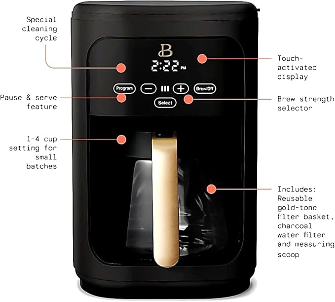 Beautiful Large Capacity 14-Cup Programmable Coffee Maker with 1-4 Cup Mode & Charcoal Filter by Beautiful (Black Sesame)