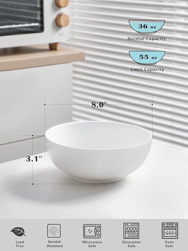 Kanwone Large Serving Bowls - 55 Ounce, Porcelain Salad Bowls, Pasta, Ceramic Soup Bowls, Set of 2, Serving Dishes for Entertaining, Housewarming Gift, Microwave and Dishwasher Safe, White