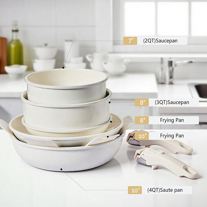 ROVSUN 19 Pcs Nonstick Pots and Pans Set, Cast Aluminum Kitchen Cookware Set with Detachable Handles, RV Kitchen Cooking Set and Utensils, Dishwasher Safe, PFAS PFOA & PFOS Free, Cream White