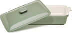 Stoneware Casserole Dish Bakeware Set with Lid, Covered Rectangular Dinnerware, Large 3.2 Quart, 11 by 9 Inch, Verde Salvia [Sage Green]
