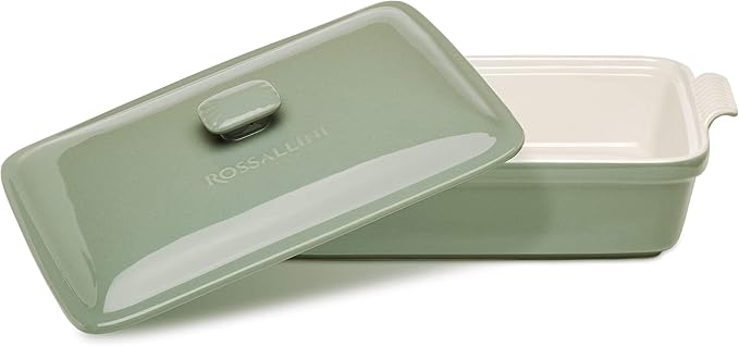 Stoneware Casserole Dish Bakeware Set with Lid, Covered Rectangular Dinnerware, Large 3.2 Quart, 11 by 9 Inch, Verde Salvia [Sage Green]