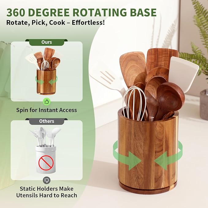 Wooden Utensil Holder, 360°Rotating 7.3'' Large Utensil Holder for Kitchen Counter, Kitchen Utensil Organizer, Utensil Crock, Farmhouse Kitchens Countertop Decor, Acacia Wood