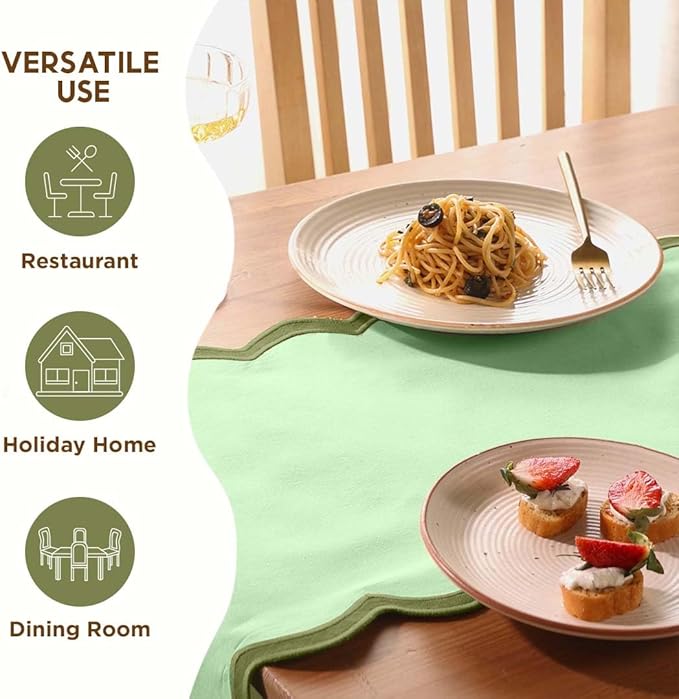 Folkulture Table Runner | Table Runners 90 inches Long | Scallop Table Runner for Farmhouse Decor or Boho Decor | Sage Green Table Runners for Dining Room Table Decor | Pastel Party Decorations