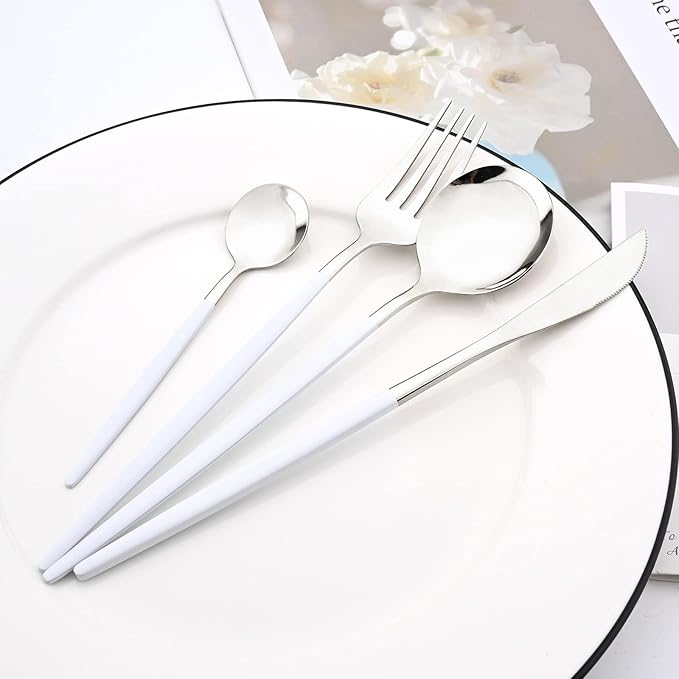 White Silver 24Pcs Flatware Set With Stand, Lightweight Dinnerware Set Stainless Steel Cutlery With White handles For Home Kitchen Wedding Party And Daily Use,Service For 6, Mirror Polish