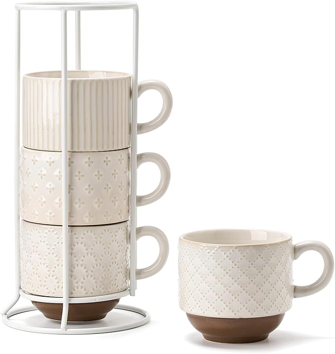 Large Ceramic Coffee Mug Set of 4 with Stand, 15 Oz Stackable Different Embossment Ribbed Latte Cup Set for Cappuccino, Tea, Hot Cocoa, Drinks - Dishwasher & Microwave Safe, Off White