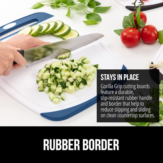 GORILLA GRIP BPA-Free Reversible Kitchen Cutting Board Set of 3, US Designed, Nonporous, Juice Grooves Catch Liquid, Slip Resistant Border, Dishwasher Safe, Durable Large Food Chopping Boards, Blue
