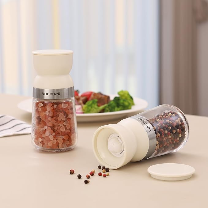 Vucchini Salt and Pepper Grinder Set with Adjustable Coarseness Ceramic Pepper Mill Manual Effortless Salt Grinder Spice Grinder for Home, Kitchen, Beige