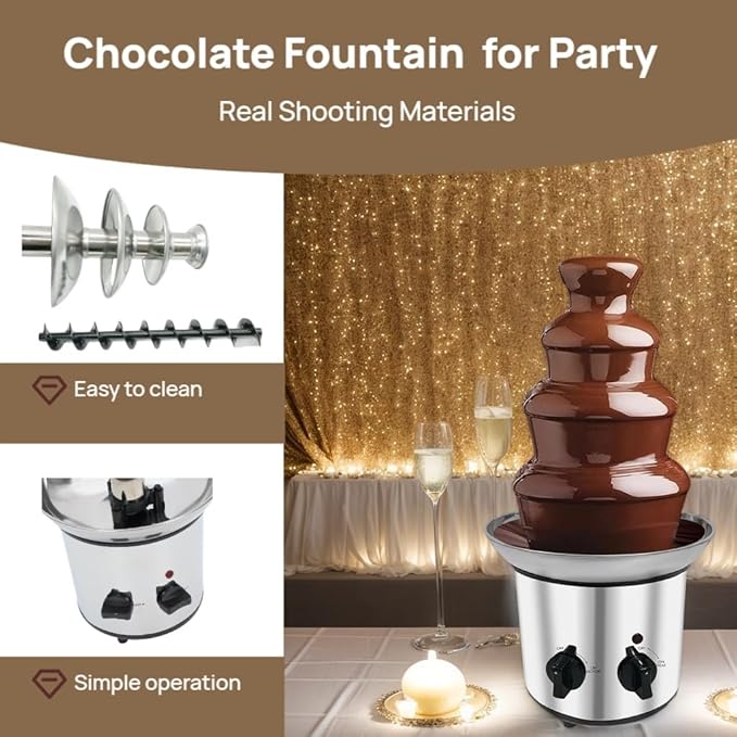 Chocolate Fountain Machine, 4 Tier Stainless Steel - 60-Ounce Electric Fondue Fountain with Temperature Control, Hot Chocolate Cheese Melting Heat Machine for Catering, Cafe, Hotel, Party, Wedding
