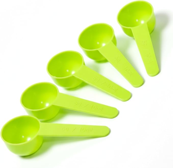 5g Plastic Measuring Spoons (10ml) – Pack of 5 mini Scoops for Protein Poweder, Creatine, Coffee, Lab, Baking, Laundry, Canisters, Dry Goods – 1 Teaspoon Measuring Spoons (tsp), Green