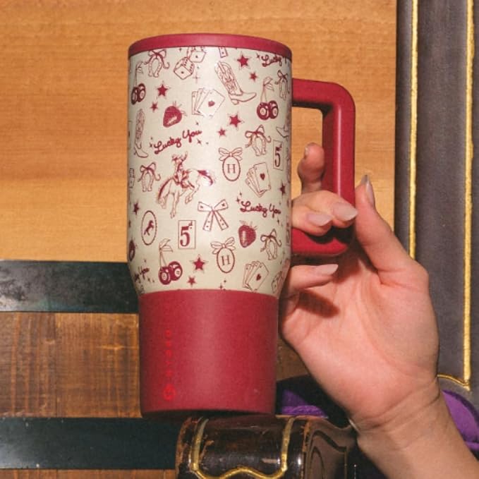 HydroJug Traveler - 20 oz Water Bottle with Handle & Flip Straw - Fits in Cup Holder, Leak Resistant Tumbler-Reusable Insulated Stainless Steel & Rubber Base - Gifts for Women & Men, Red Western Charm