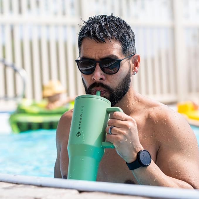 HydroJug Traveler - 40 oz Water Bottle with Handle & Flip Straw - Fits in Cup Holder, Leak Resistant Tumbler-Reusable Insulated Stainless Steel & Rubber Base - Gifts for Women & Men, Sage