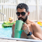 HydroJug Traveler - 40 oz Water Bottle with Handle & Flip Straw - Fits in Cup Holder, Leak Resistant Tumbler-Reusable Insulated Stainless Steel & Rubber Base - Gifts for Women & Men, Sage