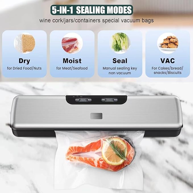 Food Vacuum Sealer Machine Compact Design 100 Times Consecutive Works 5 Food Modes Dry&Moist Multi-Functional Vacuum Sealing Saver Storage with 10 Vacuum Seal Bags