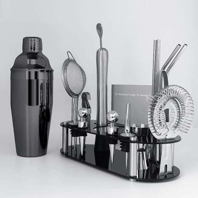 Cocktail Shaker Set Bartender Kit with Stand - 16 Piece Bar Tool Set Drink Mixer Set Includes : Shakers, Jigger, Strainer, Mixer Spoon, Muddler, Liquor Pourers, Straw (Black)
